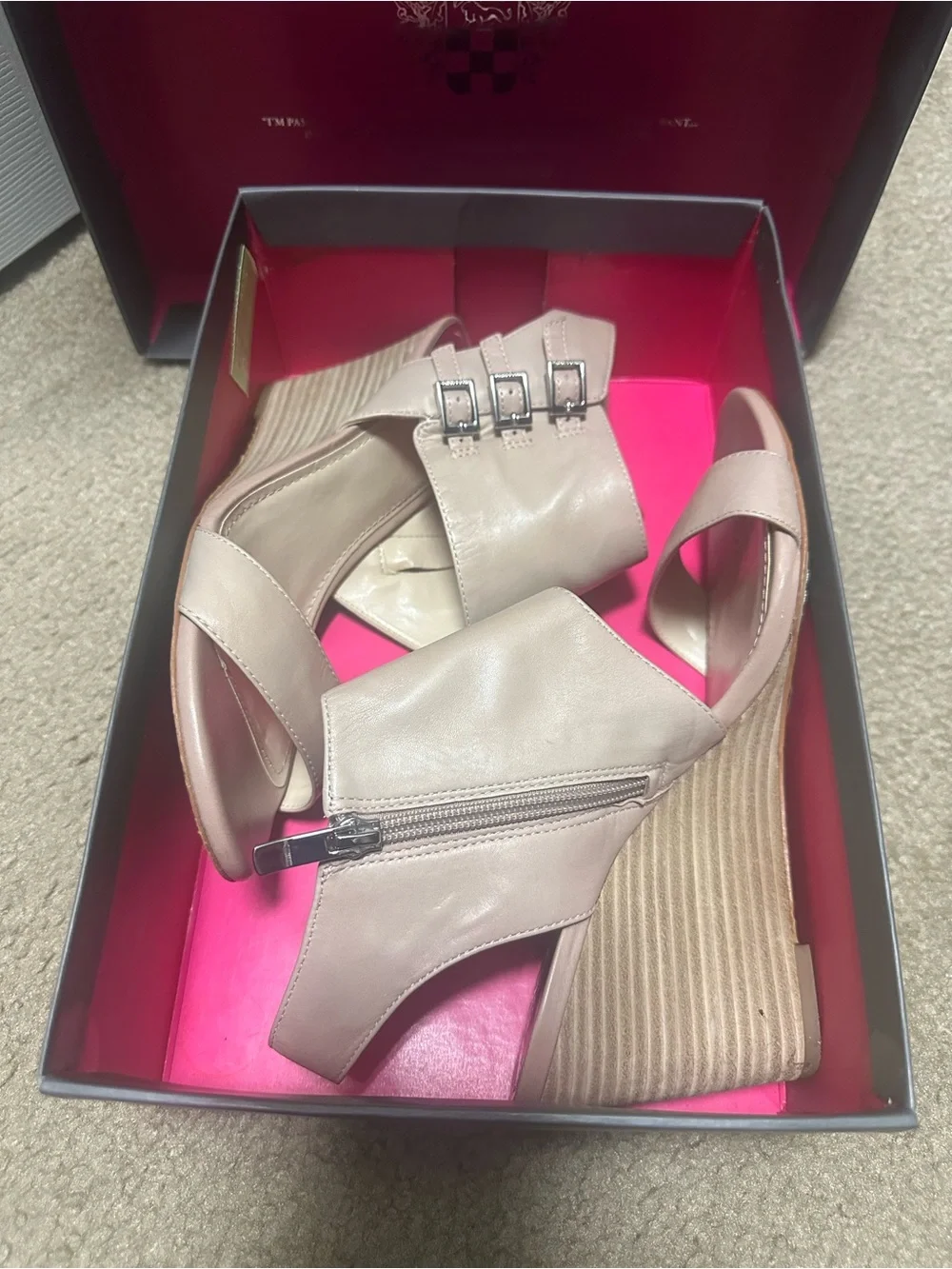 Vince Camuto Blush Nude Triple-Buckle Wedge Sandals